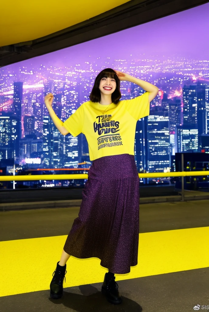 	1.	young woman、T-shirt and long skirt 2.	open arms 3.	Big smile 4.	The color scheme is based on yellow and purple。
	5.	Urban style background、Inside a concrete and glass building。

style:

	• Cyberpunk • High Resolution • Futuristic Lighting • Vibrant Colors Additional Details:

	• The camera angle is from above。
	• Wear street fashion。
	• Photo-realistic textures。