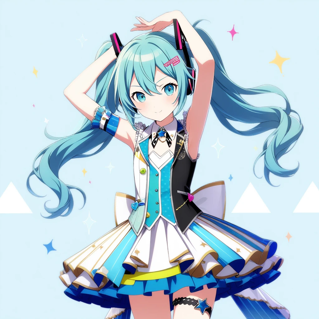 1girl, colorful palette , official art, absurdres, project sekai, vocaloid, hatsune miku, more more jump! miku, 1girl, ankle boots, armpits, arms up, back bow, bare arms, blue background, blue dress, boots, bow, brooch, checkered clothes, checkered dress, checkered vest, circle, collarbone, contrapposto, cowboy shot, detached collar, diagonal stripes, dress, flat chest, foot up, frilled dress, frilled vest, frills, idol, jewelry, layered dress, legband, long hair, more more jump! \(project sekai\), silver trim, simple background, solo, sparkle print, star brooch, striped, triangle, vest, white bow, white dress, white footwear, wing collar, ((very aesthetic, best quality, ultra detailed))
