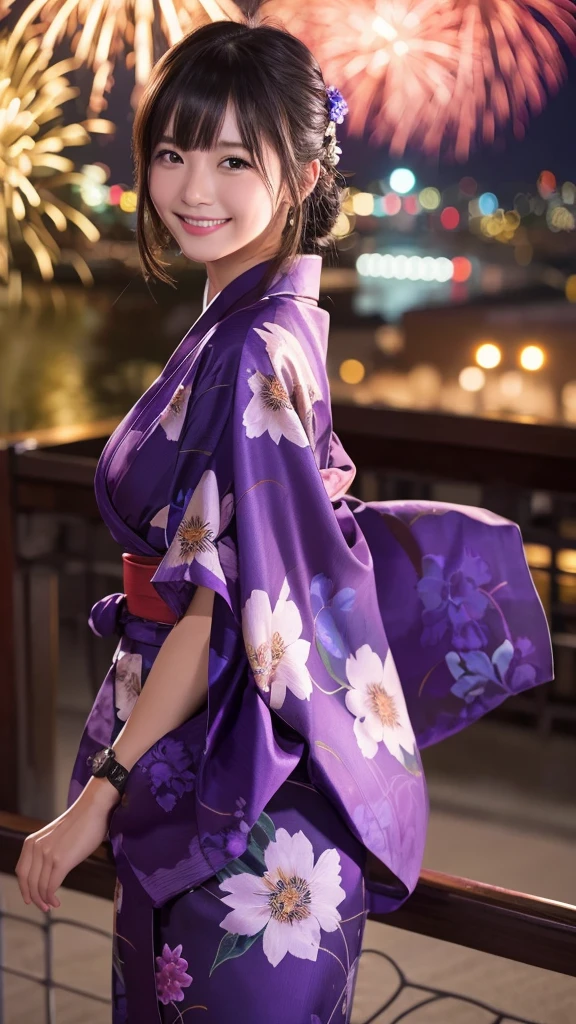 night、A glamorous atmosphere、firework、Matte fabric、Purple yukata with large floral pattern、Cotton kimono、stylish (night景、night、smile)、night空、bangs、No makeup、(masterpiece、8K,RAW Photos、High resolution:1.4)、girl'Her calm expression is accentuated by her soft facial expression..。 Canon EOS R6 Mark II and Sigma 50mm f/2.Use in combination with 8/1.4 DG HSM Art Lens、シーンのあらゆるニュアンスがHigh resolutionでキャプチャされます。