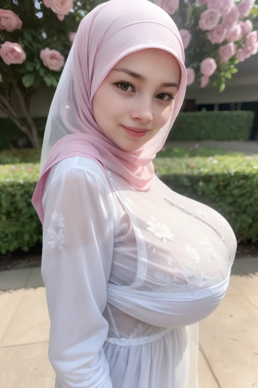Jumbo (Sexy Lingerie Dress), adorable, 1 girl, (face to face), , baby face, hf body portrait, (face details: 1), (eye details: 1), ((big breasts)). wearing transparent transparency soft long shirt, hijab .. Cute posed. proportional body. Ultra High Res. realistic: 1.4, UHD, (floral pattern), view from side seductive pose