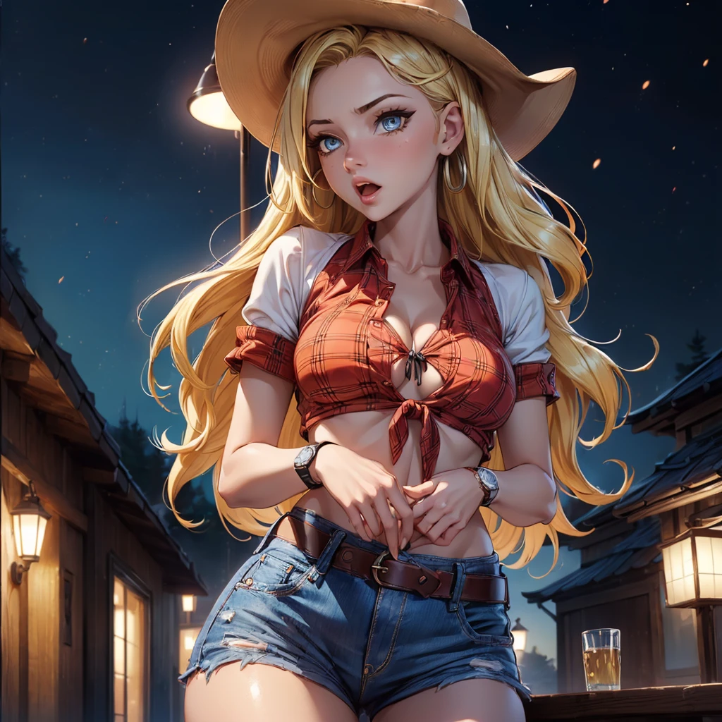 ((((One Woman:2.0)))),(((Cowgirl Costume))),(((thin))),(((Small breasts))),(((Low waist denim shorts))),(((Wear a western hat))),(((wear a leather belt))),(((He is wearing a red short-sleeved plaid tie-front shirt。))),(((wear the watch))),(((Showing cleavage))),(((むき出しのthin内もも))),(((naked side boob))),(((Bare arms))),(((Her hair is blonde))),, Beautiful detailed girl, Very detailed目と顔, 緻密でBeautiful Eyes, Very detailedな, High resolution, Highest quality, masterpiece, Very detailed, 8k wallpaper, wonderful, finely, Highest quality, The light shines on your face,,1 Girl,(Night bar),Beautiful Eyes,Being drunk,Open your mouth