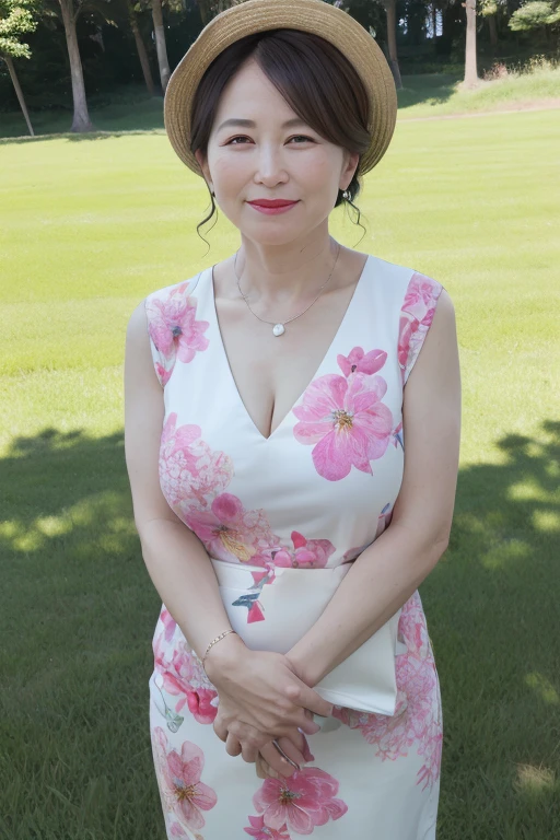 Beautiful mature 55 year old Japanese woman, Married women, Fine Lines, Long eyelashes, Shining Eyes, Low Ponytail, Red lipstick, smile, elegant, Gorgeous figure, Pearl Necklace, summer, summer服, Cleavage, Low-cut blouse, Floral print slit skirt, Straw hat, Holding a bouquet, whole body, Shooting on green grass, (Highest quality,4K,8K,High resolution,masterpiece:1.2),Very detailed,(Realistic,photoRealistic,photo-Realistic:1.37),High resolution,超High resolution,Studio Lighting,Ultra-fine painting,Sharp focus,Physically Based Rendering,Very detailed説明,Professional,Vibrant colors,Bokeh,Portraiture