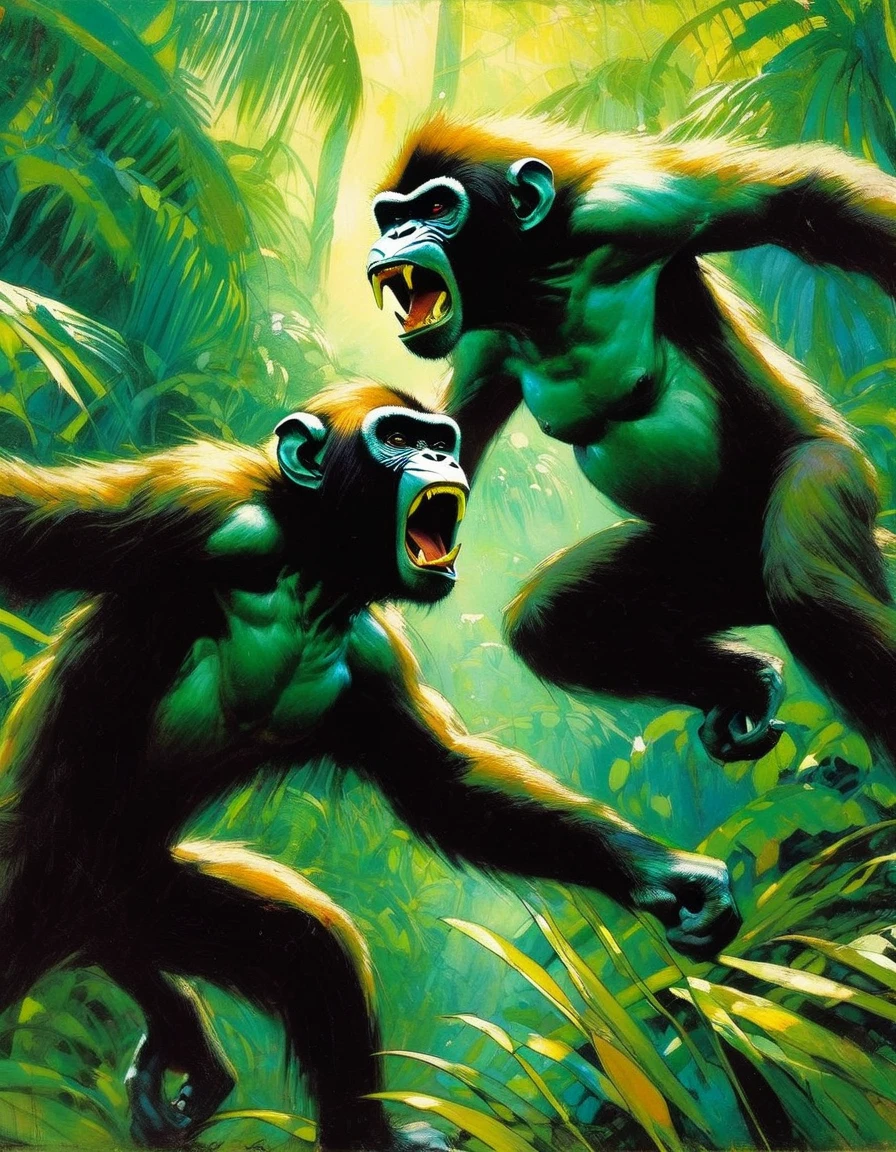 twooangry monkeys fight wildly in a jungle (art inspired by Bill Sienkiewicz). oil painting)