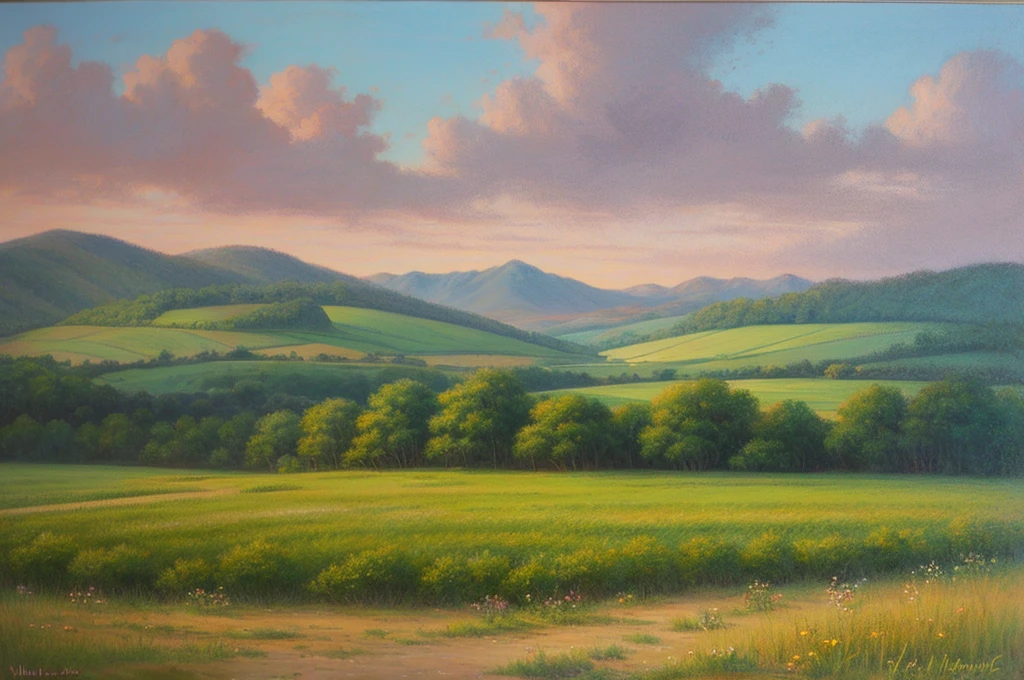 Pastel painting of a rural landscape, 