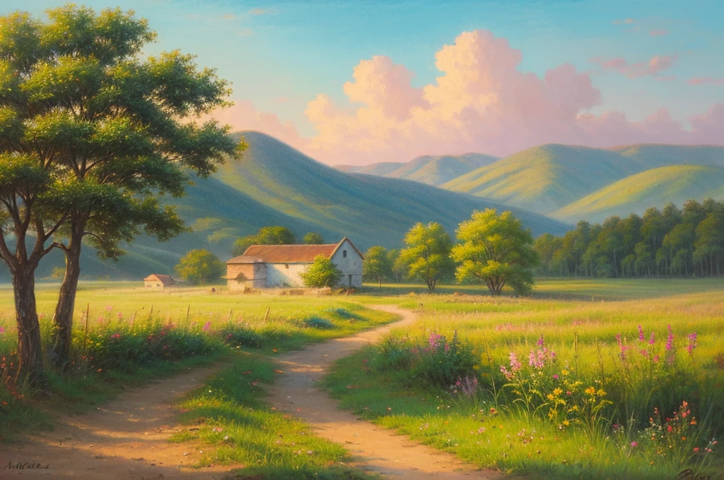 Pastel painting of a rural landscape,