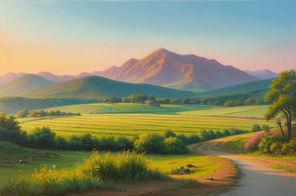 Pastel painting of a rural landscape, 
