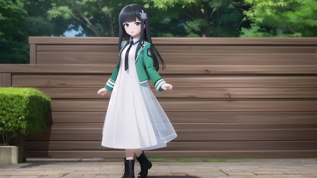 Shiboshency,One girl,Black Hair,Long Hair,alone,Blunt bangs,Snowflake hair ornament,Yellow × Hair ornament,Iris,blue eyes,Collared shirt,white Collared shirt Long dress,Semi-transparent sparkling overlay,Black X Tie,Green long sleeve open jacket,blush,White Dress,Long dress,
Black footwear,boots,Outdoor,Day,Amazing visuals, High resolution,masterpiece,Highest quality,Amazing visuals,High resolution,masterpiece,Highest quality,18-year-old,young woman,Beautiful fingers,Beautiful long legs,Beautiful body,Beautiful character design,