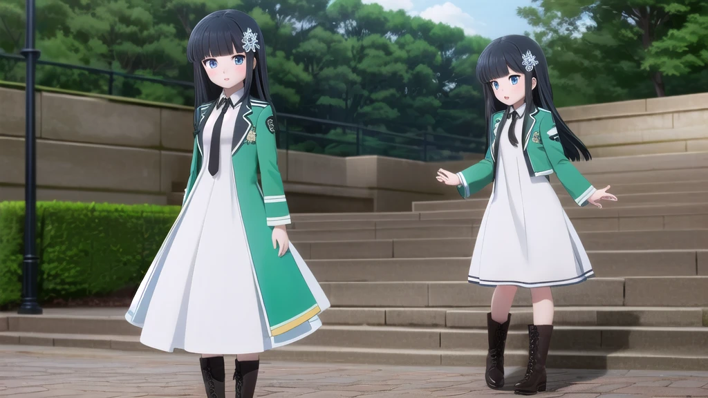 Shiboshency,One girl,Black Hair,Long Hair,alone,Blunt bangs,Snowflake hair ornament,Yellow × Hair ornament,Iris,blue eyes,Collared shirt,white Collared shirt Long dress,Semi-transparent sparkling overlay,Black X Tie,Green long sleeve open jacket,blush,White Dress,Long dress,
Black footwear,boots,Outdoor,Day,Amazing visuals, High resolution,masterpiece,Highest quality,Amazing visuals,High resolution,masterpiece,Highest quality,18-year-old,young woman,Beautiful fingers,Beautiful long legs,Beautiful body,Beautiful character design,