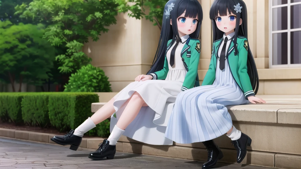 Shiboshency,One girl,Black Hair,Long Hair,alone,Blunt bangs,Snowflake hair ornament,Yellow × Hair ornament,Iris,blue eyes,Collared shirt,white Collared shirt Long dress,Semi-transparent sparkling overlay,Black X Tie,Green long sleeve open jacket,blush,White Dress,Long dress,
Black footwear,boots,Outdoor,Day,Amazing visuals, High resolution,masterpiece,Highest quality,Amazing visuals,High resolution,masterpiece,Highest quality,18-year-old,young woman,Beautiful fingers,Beautiful long legs,Beautiful body,Beautiful character design,