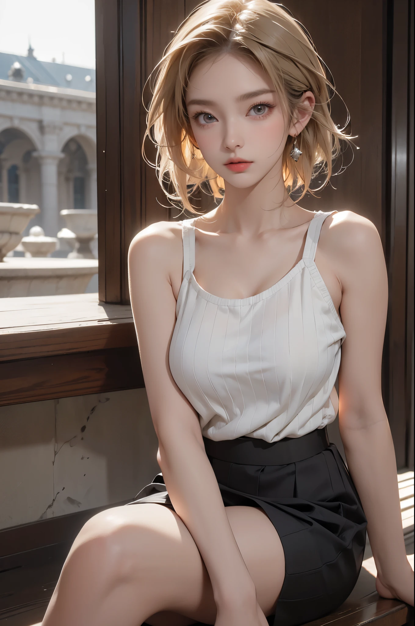 Short blonde hair,the night,A girl,deep shading,cold light,low tune,in the darkness nigth,RAW photogr,best qualtiy,tmasterpiece,Ultra-high resolution,Realistic1.5,1 girl, (full bodyesbian), Detailed portrait of a beautiful girl,Delicate makeup,steampunc,Smiling woman in a small bookstore,choker necklace,耳Nipple Ring,bangle,chain,The shirt,vests,Strap makeup, Hourglass body, décolleté, vest, Sacoche, , Sexy, looking to the right, dent in the skin, sunlight streaming through the window, Earthy tones, Dynamic pose, Dynamic camera angle, Masterpiece, Best quality,Bigboobs, Juicy big lips, thick juicy thighs