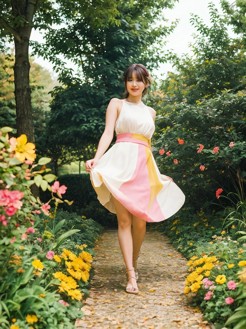 A stunning solo female figure stands amidst a lush tapestry of fallen autumnal flowers in a winding lane, her gaze directly addressing the viewer. She wears a rustling white glitter dress with a flowing skirt and high heels that subtly contrast with the natural surroundings. Silhouetted trees above her stretch towards the sky like nature's sculpture against soft golden light. Her pale skin glows amidst vibrant flower hues of yellow, red, and pink, covering the ground in a kaleidoscope pattern.