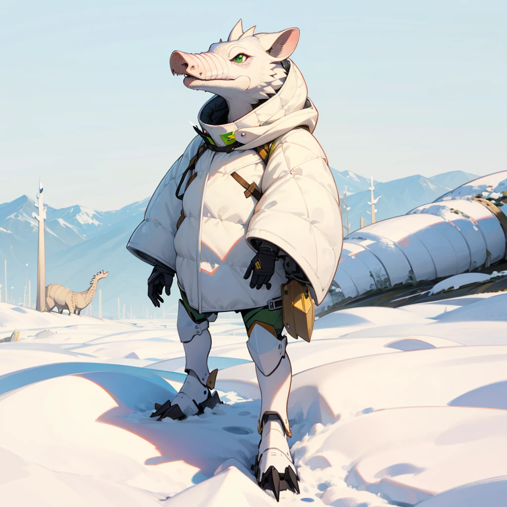 1character, Full body version, white Armadillo mixed with piq, green eyes, gold skins, Grassroots in snow,