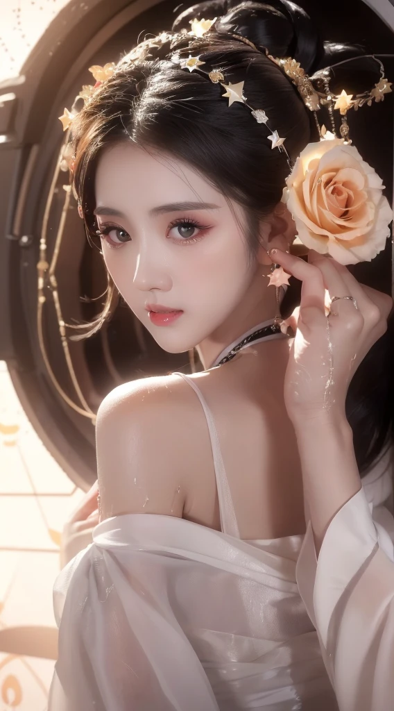 1 20-year-old girl, The flawless face of the goddess Athena, Beautifully 饰有许多性感的黑色蕾丝细节, Legend of the Female Saint, Beautiful goddess style glitter, Dark Mystery Version, Beautifully and beautiful pino detailing, Beautifully and beautiful lip detail, (Pure and flawless face: 1.9), Round chest, big, Round chest, Beautiful clear face and well-proportioned eyes, (Transparent eyes: 1.8), (bigbig的圆眼睛和浓妆, Sexy wet eye makeup, Very beautiful and exquisite hair and makeup, long and Beautifully blonde hair, Beautifully, Body Image: 1.8), vivid, (Stars in the sky: 1.7), (The sky and the illusory time and space gate: 1.8), Fictional Art, original photo, hanfu photos, Best photos, high resolution, best quality, Best photos, Best goddess quality, 8K female, Super 8 Single Saint Portrait, The most realistic color scheme, masterpiece, Best Beauty Brands, The best hair accessory, Live-action photos of the brand, Dark Studio, Border Light, Two-color lighting, (Rose White Skin: 1.4), (High Skin Detail: 1.1), 8k ultra high definition, SLR camera, Soft lighting, 8K, high quality, Honesty, Volume is smooth and sharp, 10 times more pixels, Sexy goddess, Sexy goddess背景空间: 1.8), (最美的aurora眼: 1.7), beautiful eyes, aurora(aurora)Beautiful single girl: 1.8), (More detail:0.8),