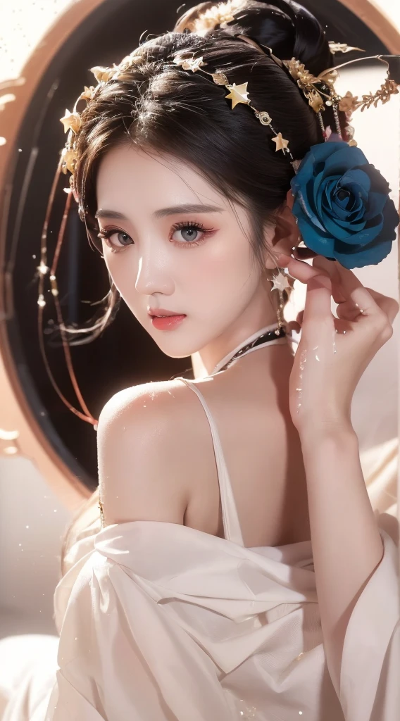 1 20-year-old girl, The flawless face of the goddess Athena, Beautifully 饰有许多性感的黑色蕾丝细节, Legend of the Female Saint, Beautiful goddess style glitter, Dark Mystery Version,  Beautifully and beautiful pino detailing, Beautifully and beautiful lip detail, (Pure and flawless face: 1.9), Round chest, big, Round chest, Beautiful clear face and well-proportioned eyes, (Transparent eyes: 1.8), (bigbig的圆眼睛和浓妆, Sexy wet eye makeup, Very beautiful and exquisite hair and makeup, long and Beautifully blonde hair, Beautifully, Body Image: 1.8), vivid, (Stars in the sky: 1.7), (The sky and the illusory time and space gate: 1.8), Fictional Art, original photo, hanfu photos, Best photos, high resolution, best quality, Best photos, Best goddess quality, 8K female, Super 8 Single Saint Portrait, The most realistic color scheme, masterpiece, Best Beauty Brands, The best hair accessory, Live-action photos of the brand, Dark Studio, Border Light, Two-color lighting, (Rose White Skin: 1.4), (High Skin Detail: 1.1), 8k ultra high definition, SLR camera, Soft lighting, 8K, high quality, Honesty, Volume is smooth and sharp, 10 times more pixels, Sexy goddess, Sexy goddess背景空间: 1.8), (最美的aurora眼: 1.7), beautiful eyes, aurora（aurora）Beautiful single girl: 1.8), (More detail:0.8),