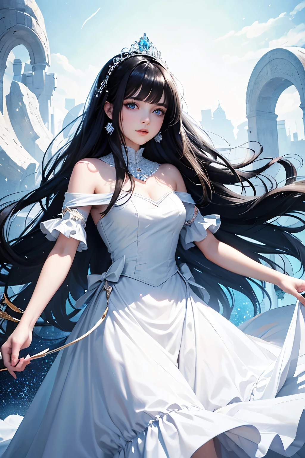 A beautiful young princess with black hair and blue eyes., she is wearing her beautiful long white dress