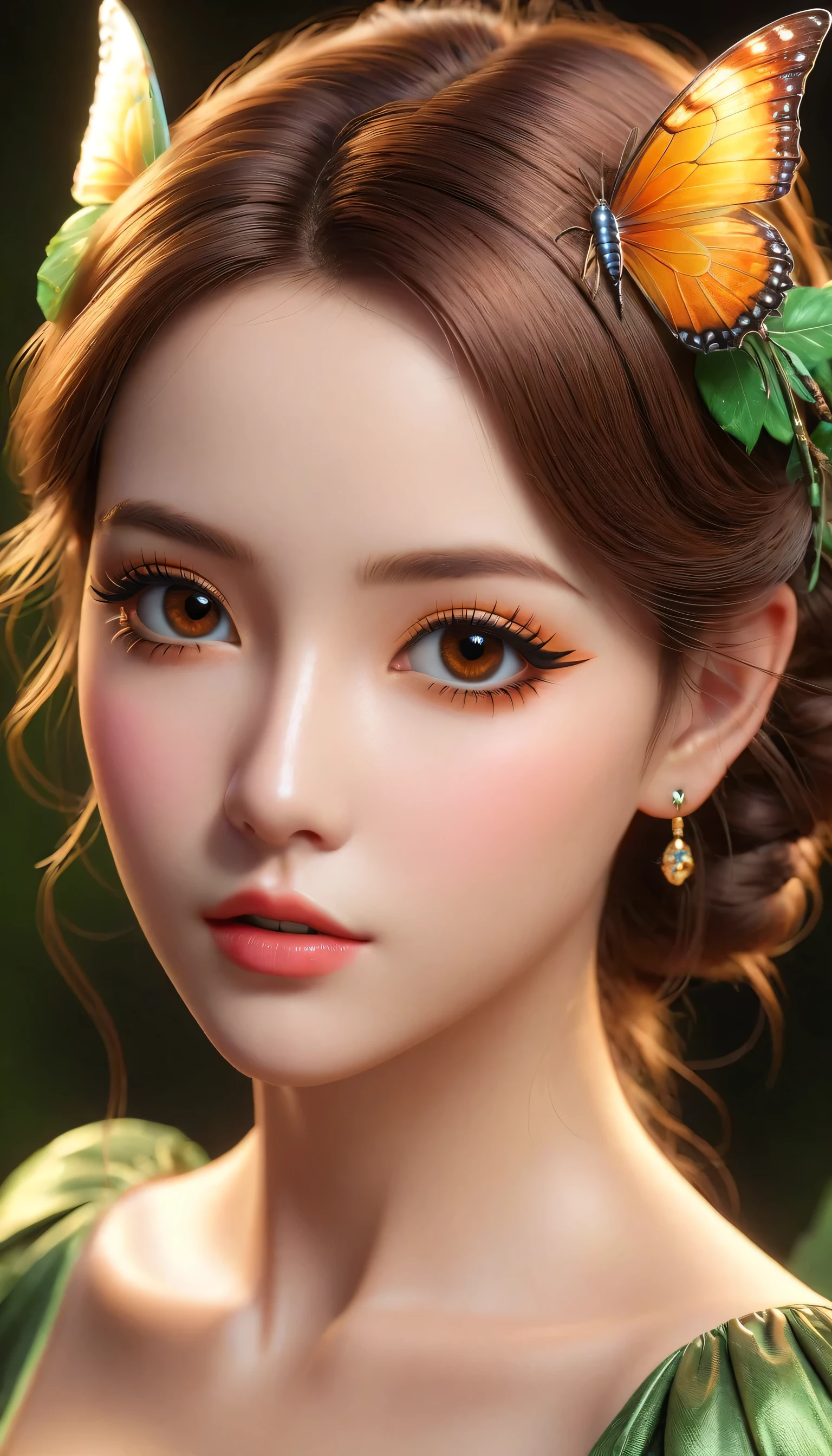 photorealistic in 32K quality, Fantasy, Artistic, A delicate fairy with mature features, puffy lips, and stunning realistic eyes, (ultra absurd quality, extremely detailed detail, ultra resolution, clear sharp focus, not blurry, (Realistic brown_eyes:1.3))), perfect dark_eyeshadows:1.2,