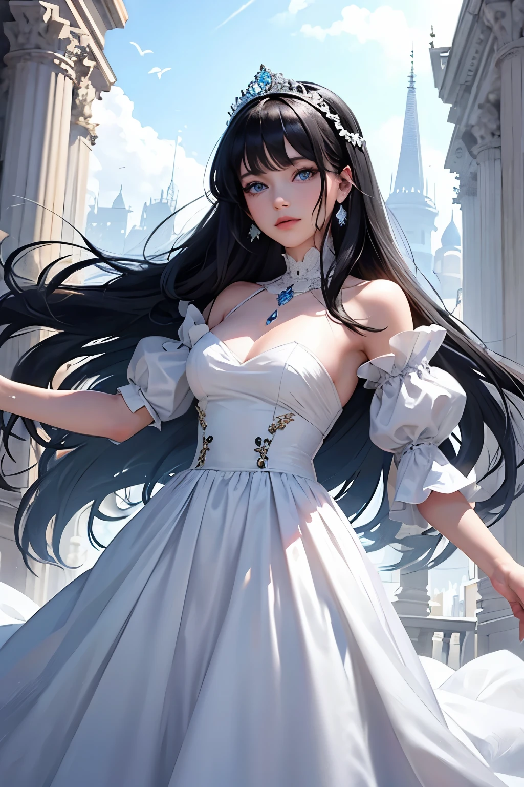 A beautiful young princess with black hair and blue eyes., she is wearing her beautiful long white dress