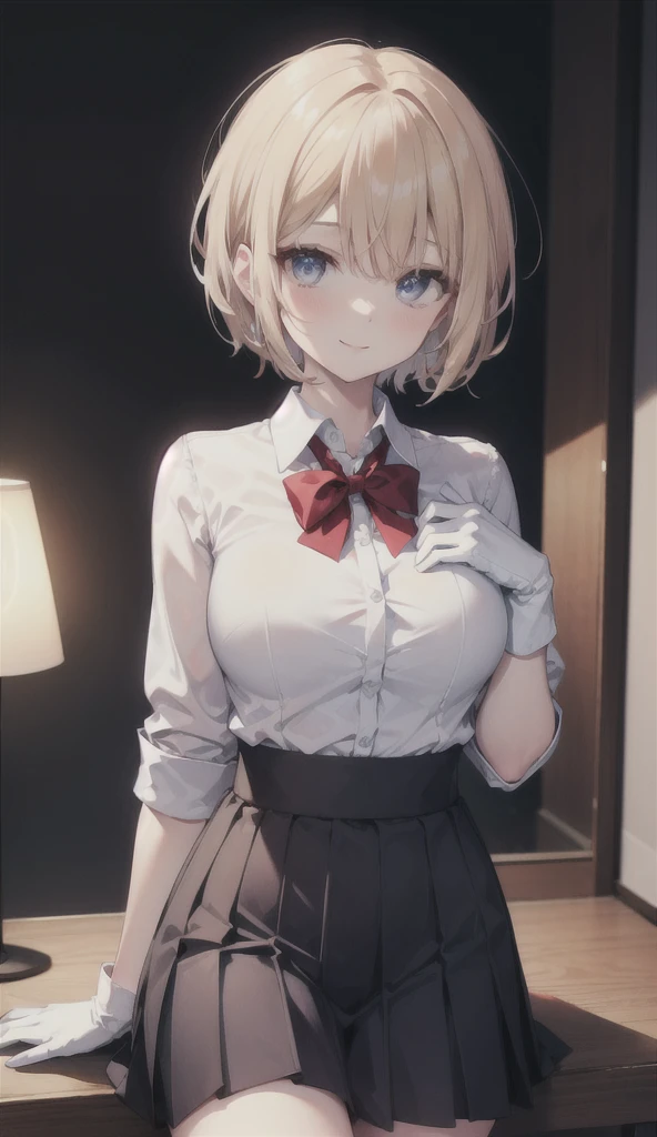 (8K, RAW photos, best quality, masterpiece:1.2), (Practical, photo-Practical:1.37), Extremely detailed,
1 girl,Lovely, Solitary,Beautiful and detailed sky,(Red and swollen nose),(Smile:1.1),(Shut up),Large Breasts, seductive Smile, Big Apartment, Professional lighting, Sony A7R4, Jersey 50mm F1.8,
Medium breasts,Beautiful and delicate eyes,(Collared shirt:1.1), bow tie,Pleated Skirt,(short hair:1.2),Flowing hair ，Long hair，White gloves，Eyes with highlights