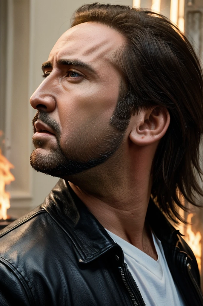 ((best quality)), ((masterpiece)), (detailed), Side View of Nicolas Cage's face transforming into ghost rider,