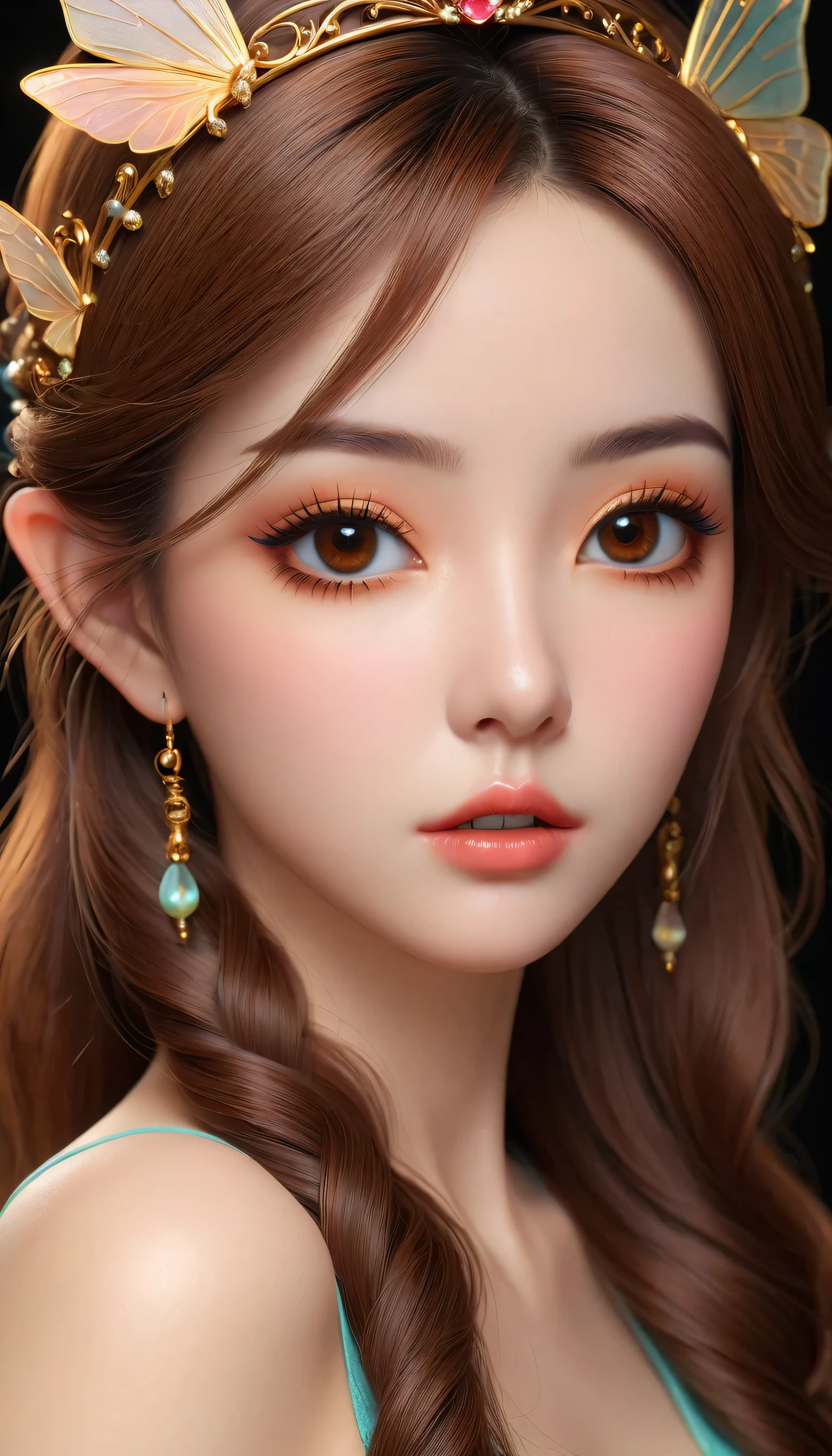 photorealistic in 32K quality, Fantasy, Artistic, A delicate fairy with mature features, puffy lips, and stunning realistic eyes, (ultra absurd quality, extremely detailed detail, ultra resolution, clear sharp focus, not blurry, (Realistic brown_eyes:1.3))), perfect dark_eyeshadows:1.2,