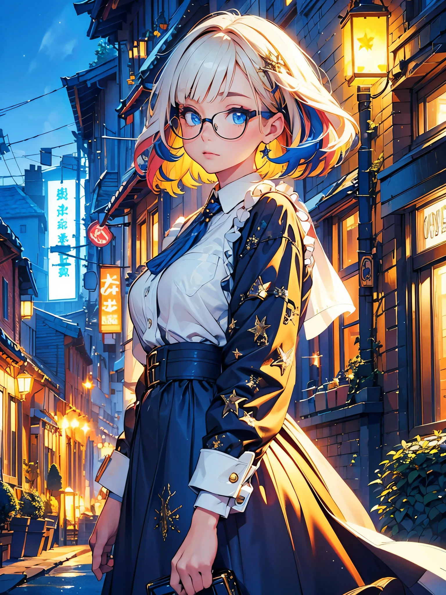 ((Very detailed), Town, night, neon, stars, Exterior lights, building, emissive, lights), ((Cinematic), neonで描く, Gradation, Crisp lighting), ((Ultra-detailed, Beautiful Face, 1 girl), one girl, Very detailed, whole body, cute, Beautiful eyes drawn in detail, short hair, white hair, blonde hair, multicolored hair, blue eyes, glasses, Wearing glasses, ennui, Beautiful Hands, Fluttering Hair))