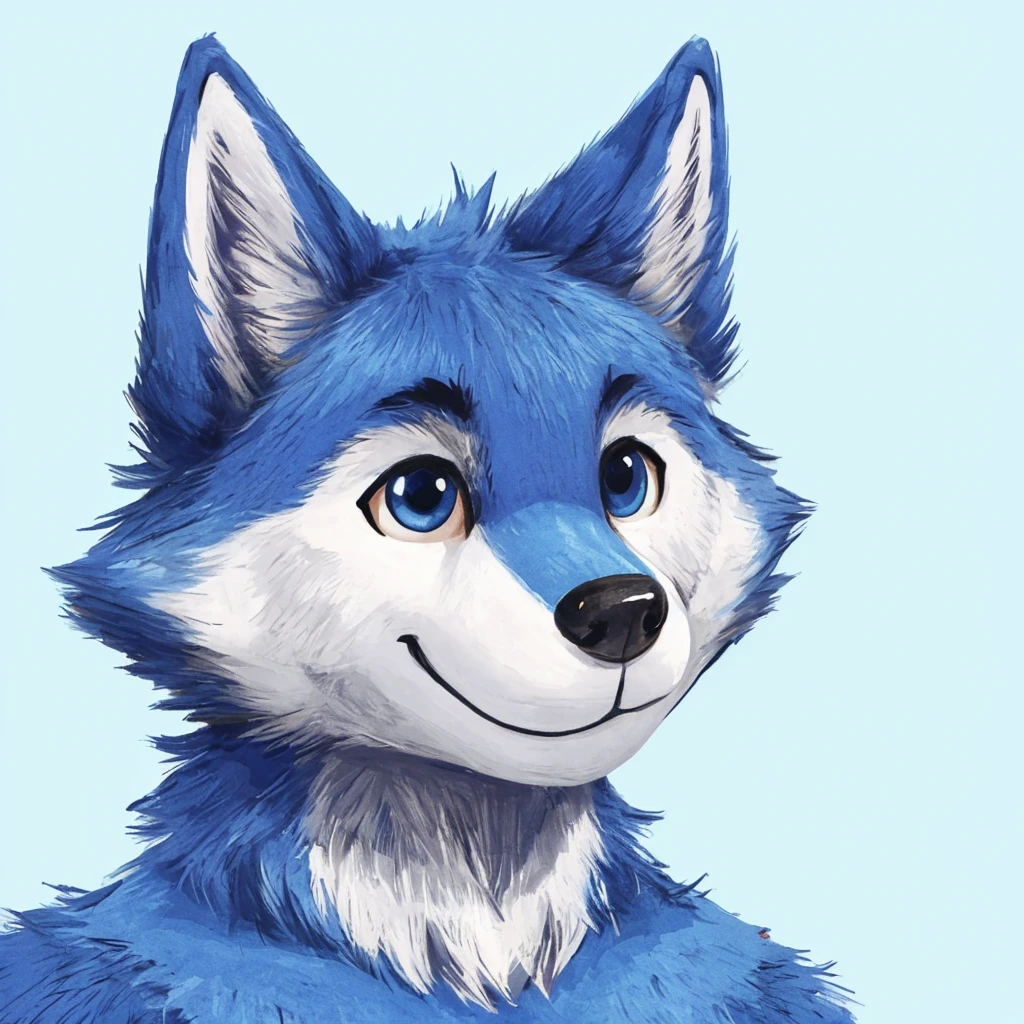 headshot of a cute and anthropomorphic blue colored fur wolf, closed smile, high quality furry art, animal crossing style.