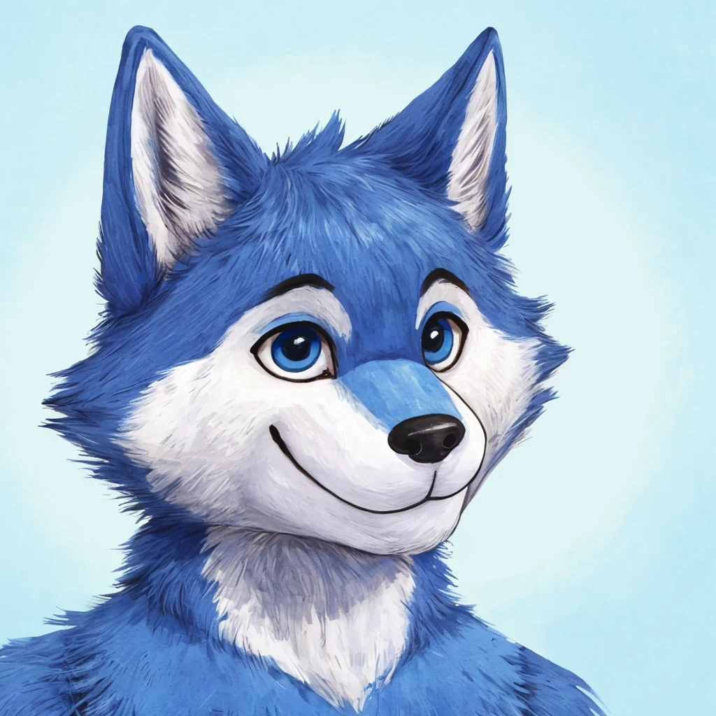 headshot of a cute and anthropomorphic blue colored fur wolf, closed smile, high quality furry art, animal crossing style.