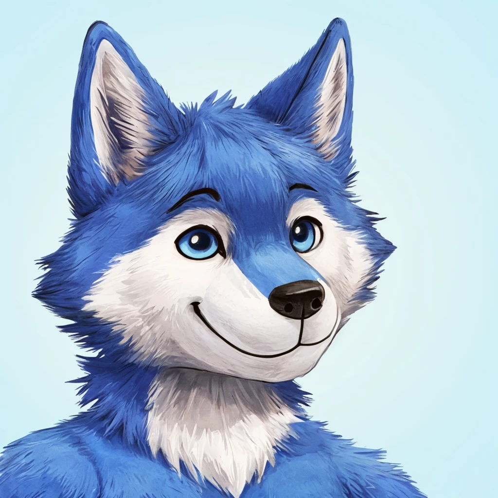 headshot of a cute and anthropomorphic blue colored fur wolf, closed smile, high quality furry art, animal crossing style.