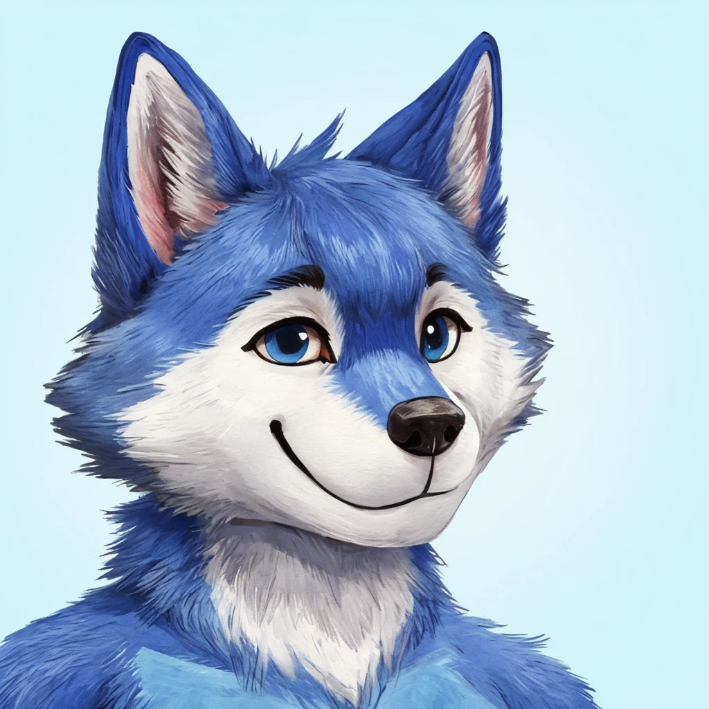 headshot of a cute and anthropomorphic blue colored fur wolf, closed smile, high quality furry art, animal crossing style.