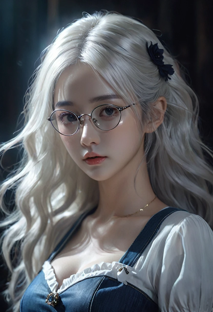 (in the darkness: 1.6),Surreal female portrait, (wear glasses),Hair accessories, Fantasy Art, Photorealism, Dynamic Lighting, Art Station, poster, Volumetric Lighting, Very detailed face, 4K, won,, 1 girl, in the darkness, Deep Shadows, Low profile, denim, (maid outfit: 1.4), Long hair, White hair, broken, Luxurious Palace, Royal style, 