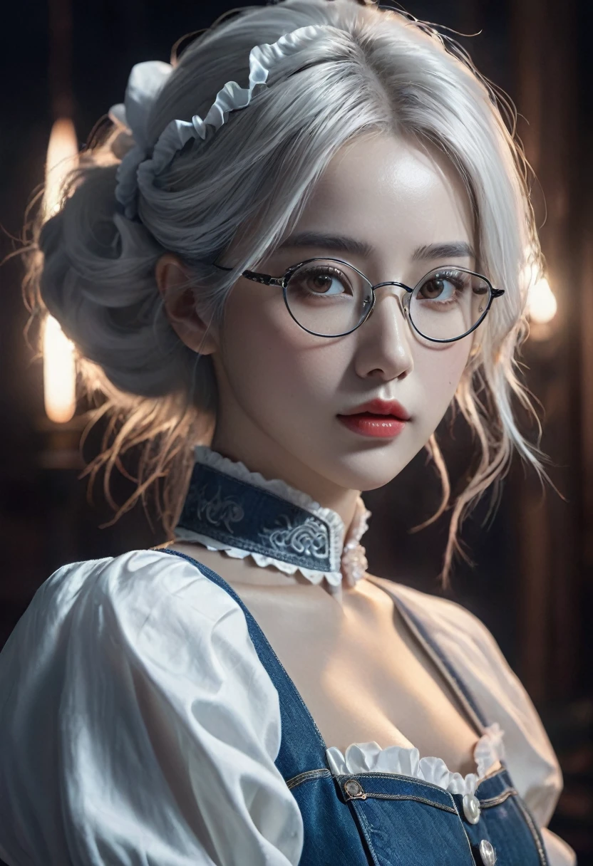 (in the darkness: 1.6),Surreal female portrait, (wear glasses),Hair accessories, Fantasy Art, Photorealism, Dynamic Lighting, Art Station, poster, Volumetric Lighting, Very detailed face, 4K, won,, 1 girl, in the darkness, Deep Shadows, Low profile, denim, (maid outfit: 1.4), Long hair, White hair, broken, Luxurious Palace, Royal style,