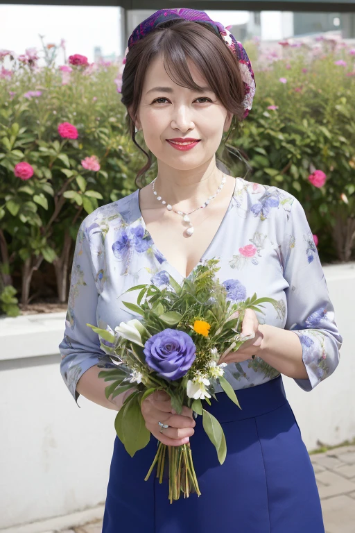Beautiful mature 55 year old Japanese woman, Married women, Fine Lines, Long eyelashes, Shining Eyes, Low Ponytail, Red lipstick, smile, elegant, Gorgeous figure, Pearl Necklace, summer, summer服, Cleavage, Low-cut blouse, Floral print slit skirt, Big straw hat, Holding a bouquet of roses, whole body, Shooting on green grass, (Highest quality,4K,8K,High resolution,masterpiece:1.2),Very detailed,(Realistic,photoRealistic,photo-Realistic:1.37),High resolution,超High resolution,Studio Lighting,Ultra-fine painting,Sharp focus,Physically Based Rendering,Very detailed説明,Professional,Vibrant colors,Bokeh,Portraiture