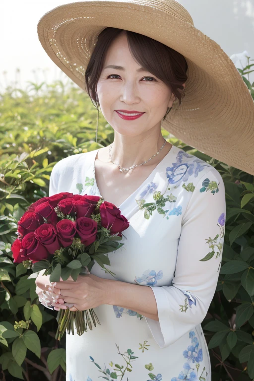 Beautiful mature 55 year old Japanese woman, Married women, Fine Lines, Long eyelashes, Shining Eyes, Low Ponytail, Red lipstick, smile, elegant, Gorgeous figure, Pearl Necklace, summer, summer服, Cleavage, Low-cut blouse, Floral print slit skirt, Big straw hat, Holding a bouquet of roses, whole body, Shooting on green grass, (Highest quality,4K,8K,High resolution,masterpiece:1.2),Very detailed,(Realistic,photoRealistic,photo-Realistic:1.37),High resolution,超High resolution,Studio Lighting,Ultra-fine painting,Sharp focus,Physically Based Rendering,Very detailed説明,Professional,Vibrant colors,Bokeh,Portraiture