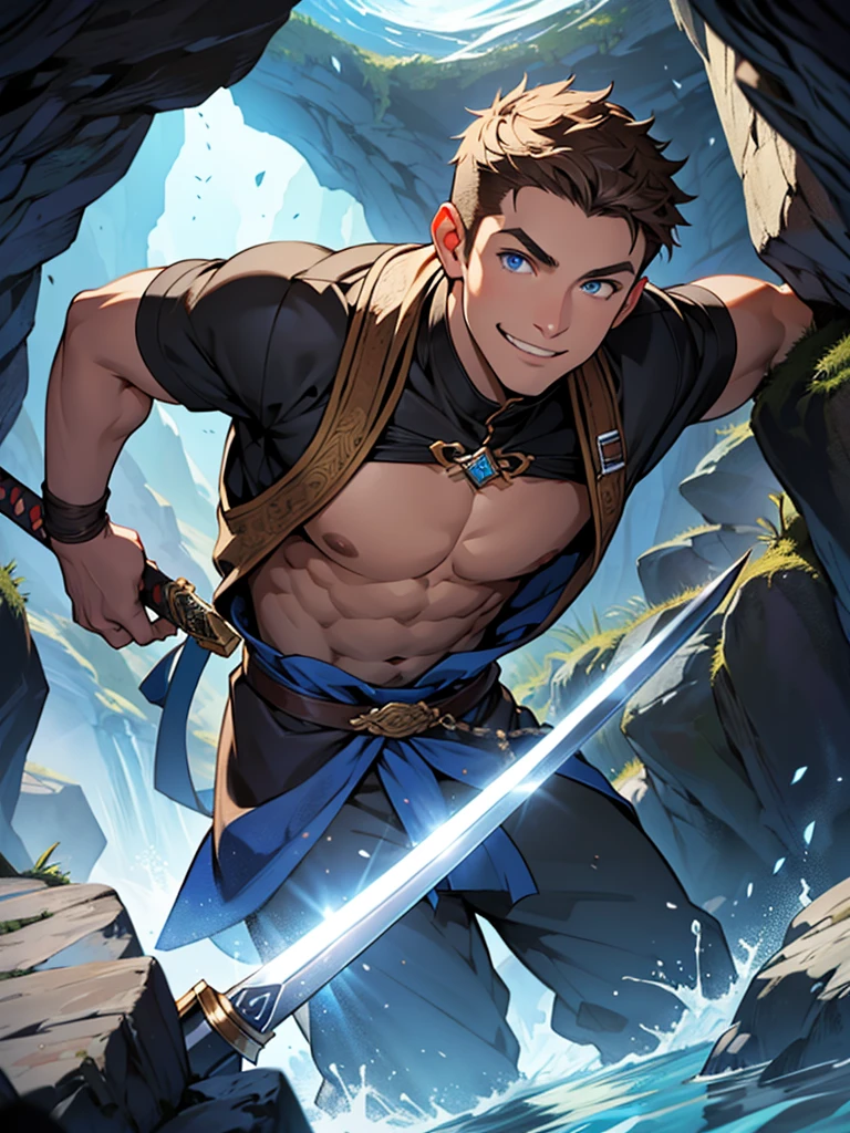 30-year-old male、Blue Eyes、Brown short hair、Fantasy、A little muscular、Holding a sword、Inside the cave、Light clothing、A modest smile