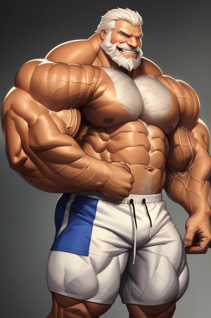 solo, 1boy, perfect anatomy, perfect proportion, smile, grinning, big eyes, happy. Bulging muscle:1.2, Huge Muscular Old man wearing corwn and king cloack with short hair ,(white shorts), view from side, pectoral, thick arms, huge pectoral, wide pectoral, white hair, white beards, simple background, masterpiece, semirealistic:1.2, high detailed, 8k, high resolution, perfect center, full view. ((really big muscle, massive muscular, sixpack, thick arms, wide pectoral, super huge muscle, hyper muscular, over sized muscle, huge arms, big arms, huge pectoral))