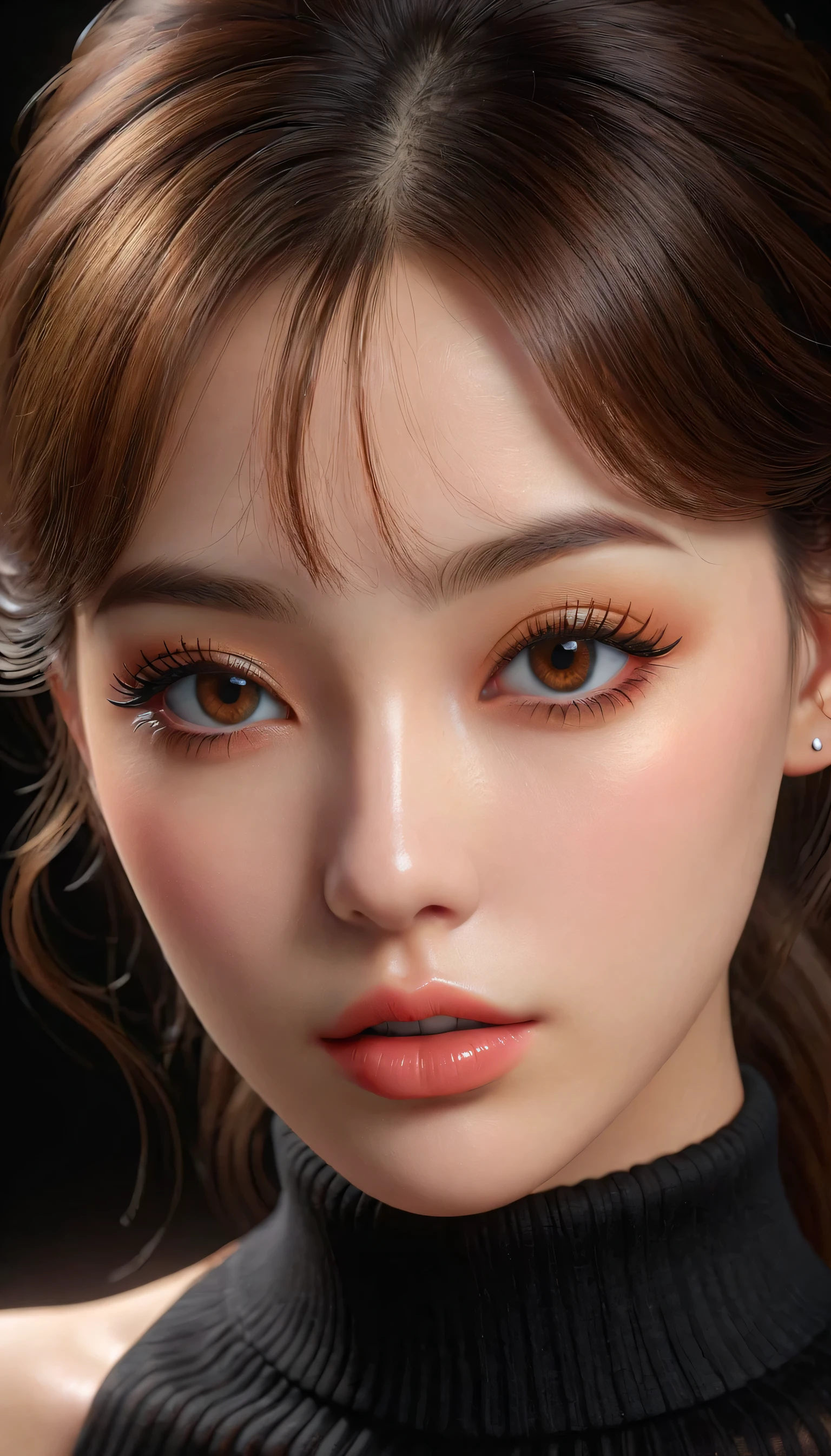 photorealistic in 32K quality, Artistic, puffy lips, and stunning realistic eyes, (ultra absurd quality, extremely detailed detail, ultra resolution, clear sharp focus, not blurry, (Realistic brown_eyes))), perfect dark_eyeshadows:1.2,