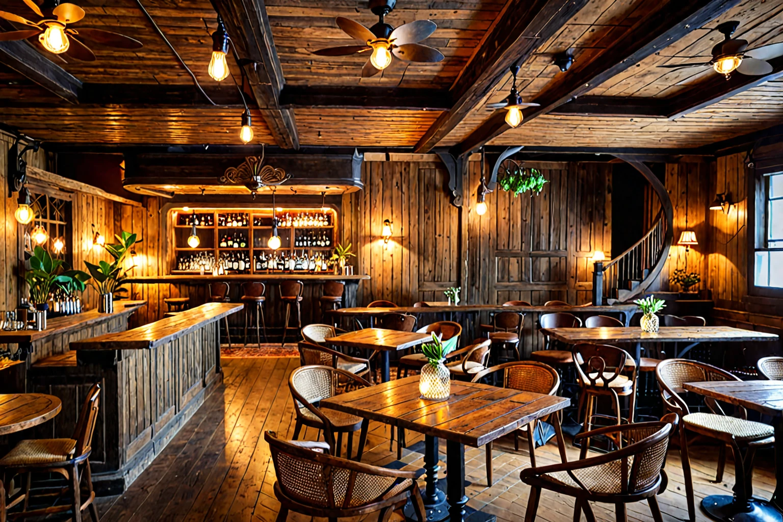 Vintage-style bar, rustic wooden furniture, antique pendant lights, dim lighting, cozy ambiance, aged wood, warm glow, vintage decor, intimate, nostalgic