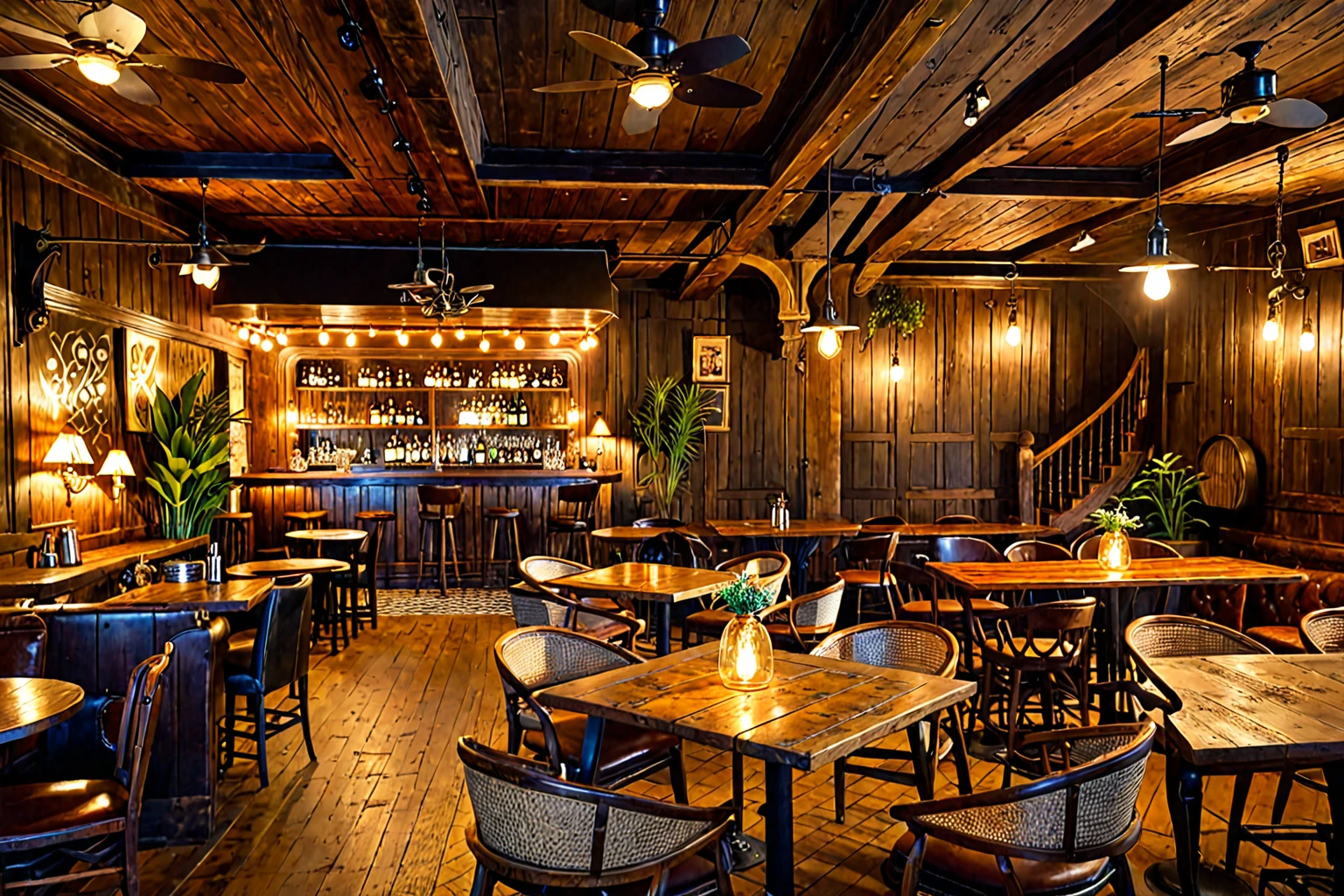 Vintage-style bar, rustic wooden furniture, antique pendant lights, dim lighting, cozy ambiance, aged wood, warm glow, vintage decor, intimate, nostalgic