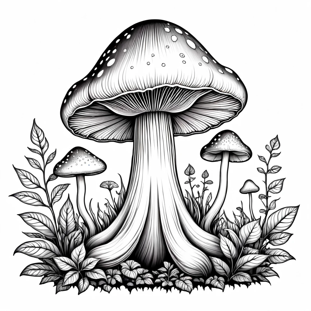 magic mushroom line drawing, On white background, monochrome, black andwhite