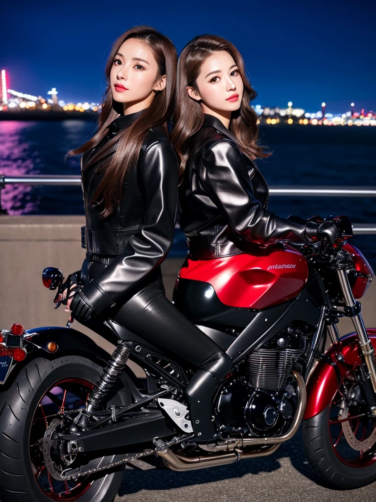 (masutepiece), Full body shot, photo of the whole motorcycle, Cute young woman in Japan, Ride an old traditional shiny metallic silver motorcycle at the wharf, glamorous shape, shoulder length shiny smooth light brown hair, Wearing a leather black riding jacket, Glossy satin red bikini under riding jacket, Leather Black Riding Gloves, Leather Black Pants, Leather Black High Heel Long Boots, staring at night view over the sea, absolutely pretty face, Double eyelids, Natural makeup, long eyelashes, Glossy lips, 8K resolution, high details, detailed hairstyle, Detailed face, Black eyes, elegent, epicd, Cinematic lighting, Octane Rendering, Vibrant, Hyper realistic, Fair skin, Perfect limbs, Perfect Anatomy