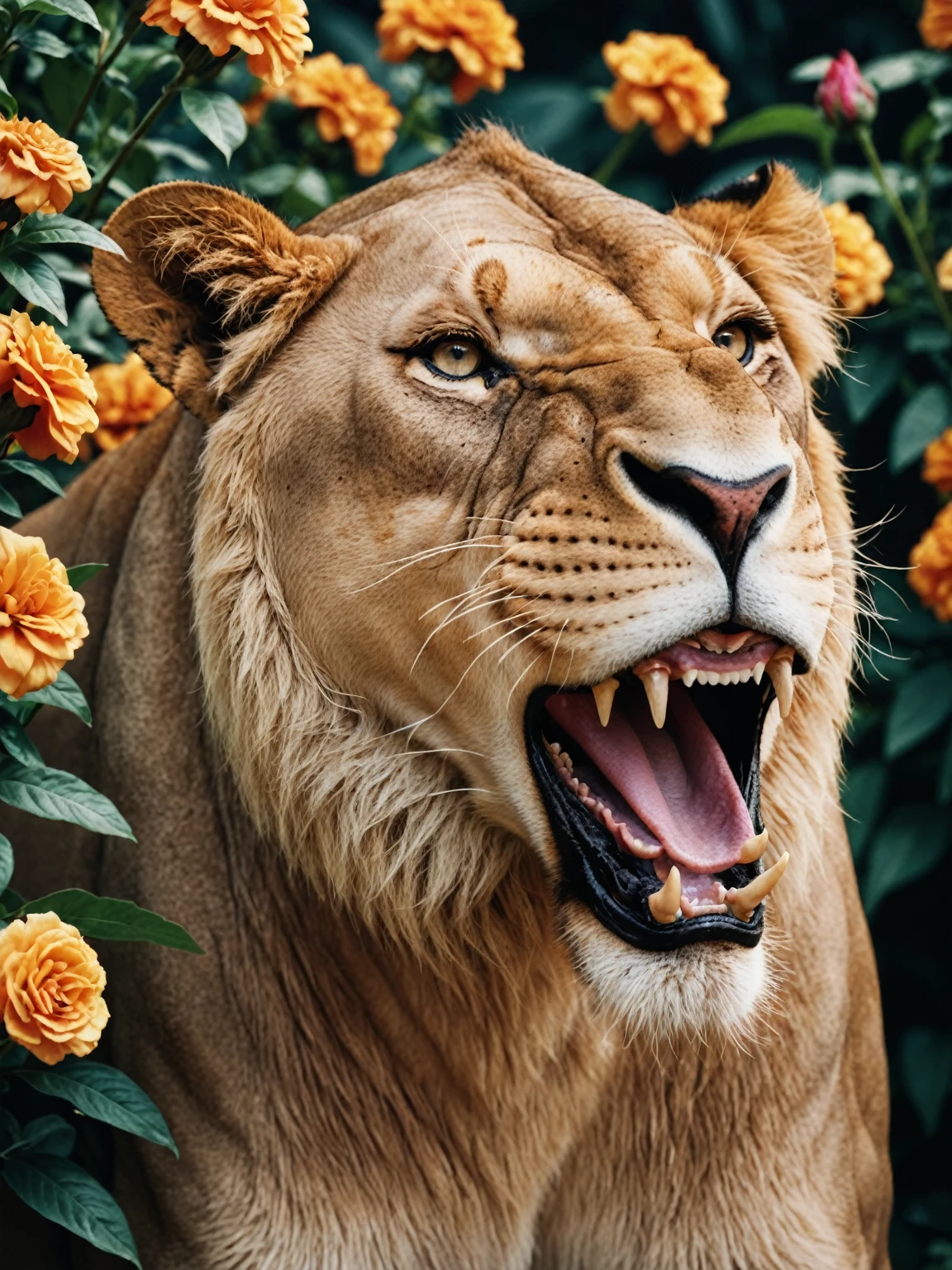 Gorgeous close-up (roar:1.2) Lioness and beautiful and flamboyant woman,The picture is full of dark colors,With the style of analog film grain, Human Development Report, Extremely detailed, 8K, 35mm Photo, Flowers background, Stunning natural lighting, Wonderful composition