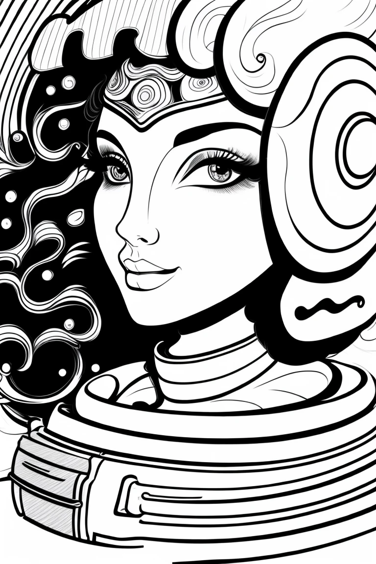 clean black and white only, coloring page for adults, simple cartoon like, beautiful cyberpunk woman, with hat, with beautiful eyes and full curly hair or straight hair, thick lines, low detail, flawless line art, --ar 9:11 art deco style