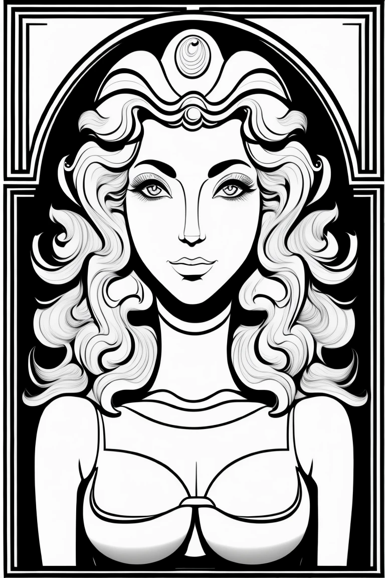 clean black and white only, coloring page for adults, simple cartoon like, beautiful cyberpunk woman, with hat, with beautiful eyes and full curly hair or straight hair, thick lines, low detail, flawless line art, --ar 9:11 art deco style