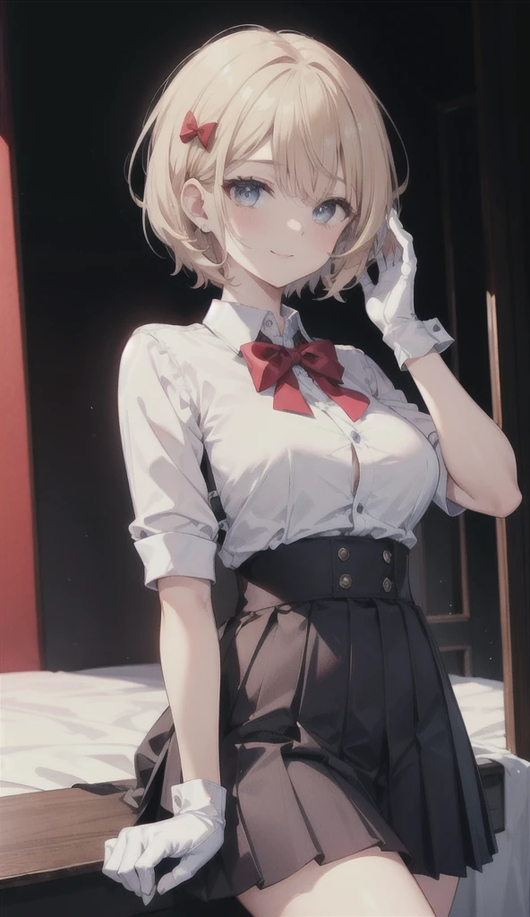 (8K, RAW photos, best quality, masterpiece:1.2), (Practical, photo-Practical:1.37), Extremely detailed,
1 girl,Lovely, Solitary,Beautiful and detailed sky,(Red and swollen nose),(Smile:1.1),(Shut up),Large Breasts, seductive Smile, Big Apartment, Professional lighting, Sony A7R4, Jersey 50mm F1.8,
Medium breasts,Beautiful and delicate eyes,(Collared shirt:1.1), bow tie,Pleated Skirt,(short hair:1.2),Flowing hair ,Long hair,White gloves,Eyes with highlights