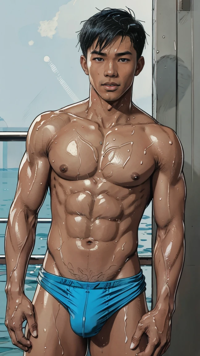 Asian men Completely naked, Toned Muscle Body, Side parted Hair, Soaked blue thong, soft muscle body, teenager, very wet body, Super Realistic photography, PROUDLY SHOWING OFF HIS BODY, Cute boy, NO PANTS, NO BOXER, DETAILED, SKINNY DIPPING, exposed HIS big bulge, Proudly showing off his sweaty very soaked wet to audience. The lighting is soft and natural, casting a soft glow on the boy, don't merge body's, detailed eyes and lips, sixpack and fit body. Image quality is of the highest standard, with ultra-detailed features and a realistic appearance, comic artstyle.