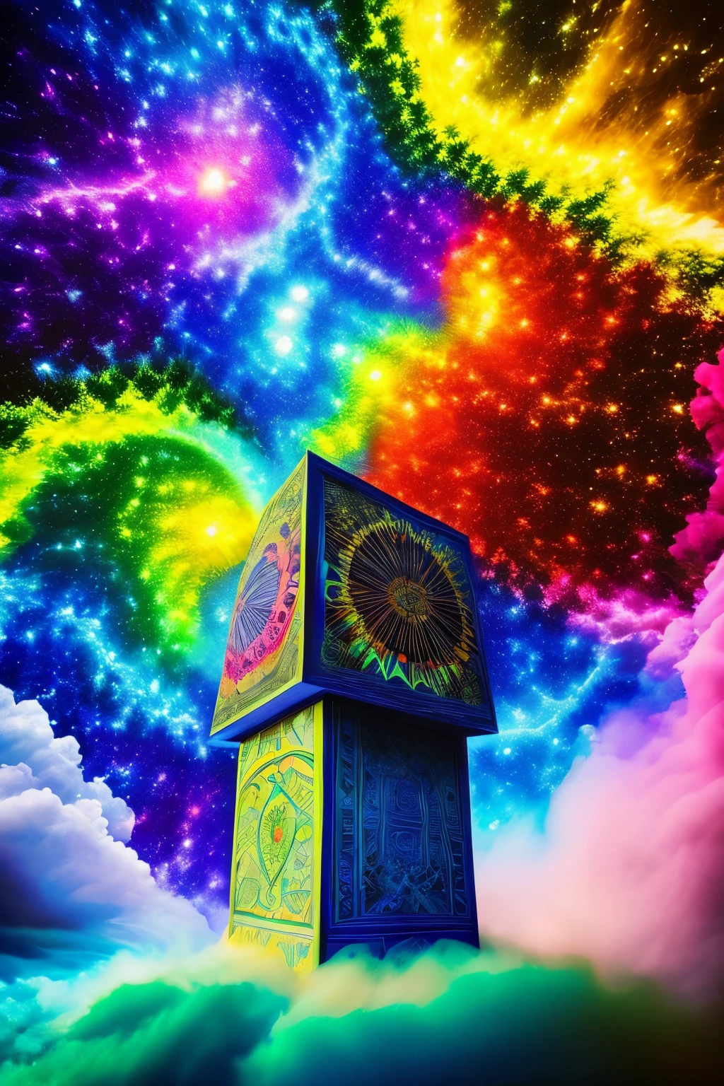 In the realm of the multiverse, a majestic box stands as a testament to the boundless creativity of its creator. Filled with an infinite array of universes, each one a vibrant tapestry of colors, shapes, and dimensions, the box is a marvel of interdimensional engineering. From within its walls, swirling vortices pulse with celestial energy, connecting the various realities within.
As one gazes upon the box, they can see distant universes shifting and morphing with each passing moment. In one universe, lush forests stretch as far as the eye can see, while in another, sprawling metropolises tower into the sky. Some universes are bathed in the soft