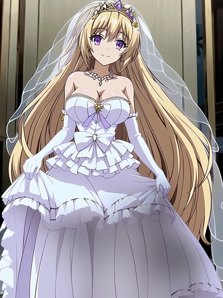 ((Best quality))), ((Ultra-detailed)), ((illustration)), ((Disheveled hair)), ((frilld)), (1 girl), (Solo),
1girl, solo, rating:safe, wedding, bare_shoulders, breasts, bridal_gauntlets, bridal_veil, cleavage, clothing, crown, curtsey, dress, drop_earrings, earrings, elbow_gloves, female, female_only, gloves, headdress, headwear, jewelry, layered_dress, long_hair, looking_at_viewer, necklace, skirt_hold, smile, standing, strapless, strapless_dress, tiara, veil, very_long_hair, white_dress, white_footwear, white_gloves,
blonde hair,purple eyes,
