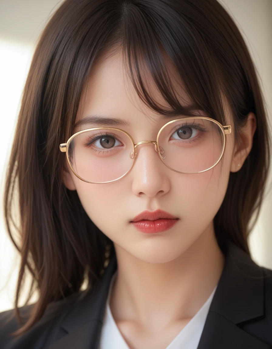 score_9,score_8_up,score_7_up,8k,Close-up portrait of a young East Asian woman with long black hair and round gold-rimmed glasses. She is wearing a black suit jacket. Her expression is serious, looking directly at the camera. Pale skin with red lips. Background is blurred, suggesting an indoor setting. Soft, natural lighting. High-resolution, detailed image with sharp focus on the face