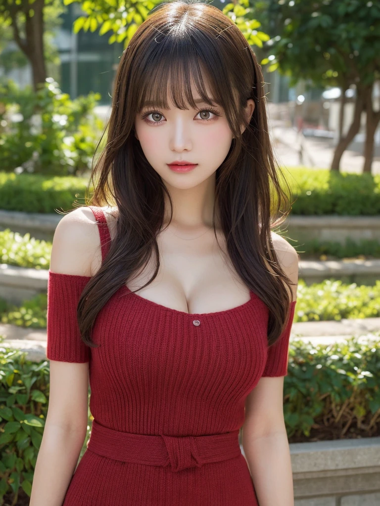 masutepiece, Best Quality, Illustration, Ultra-detailed, finedetail, hight resolution, 8K Wallpaper, Perfect dynamic composition, Beautiful detailed eyes, Natural lips, Red knitted dress , Big breasts, cleavage