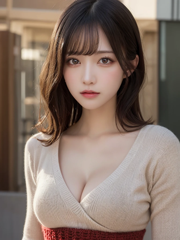 masutepiece, Best Quality, Illustration, Ultra-detailed, finedetail, hight resolution, 8K Wallpaper, Perfect dynamic composition, Beautiful detailed eyes, Natural lips, Red knitted dress , Big breasts, cleavage